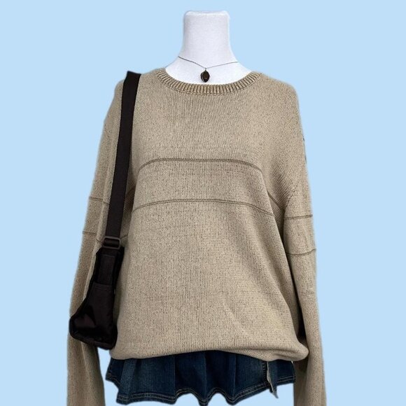 y2k beige striped indie skate elevated basic  cotton knit sweater - Picture 1 of 8